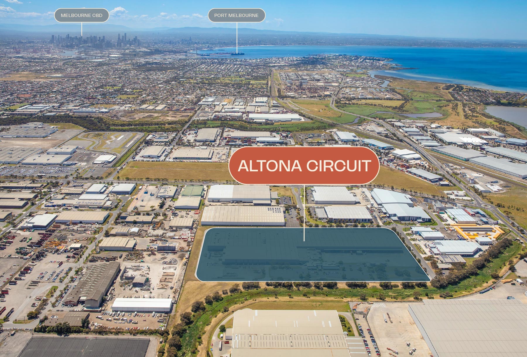 Aerial Map showing location of Altona Circuit with Melbourne CBD in background.